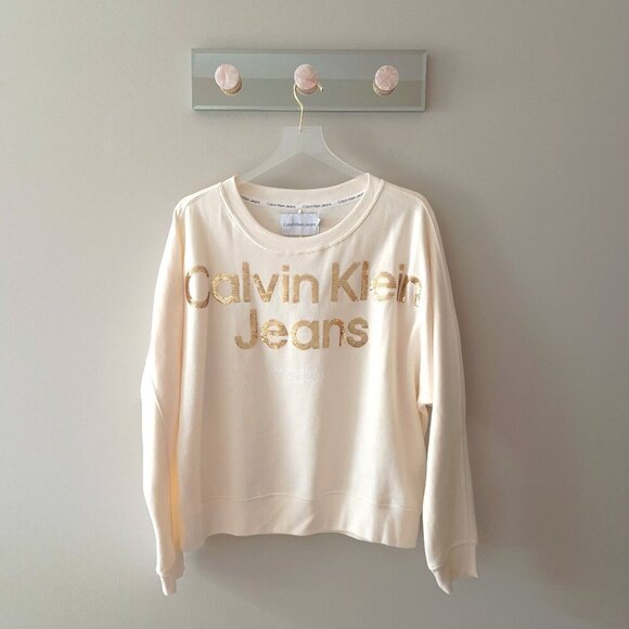 NWT Calvin Klein Jeans cream beige sweatshirt with gold sequin logo branding, M - Picture 2 of 7